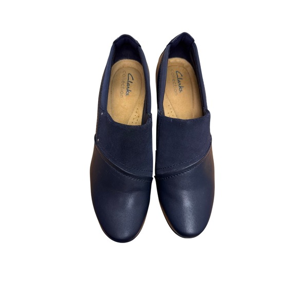 Clarks Collection Navy Blue Dark Academia Leather Slip On Block Heel Shoes 8.5 - Picture 3 of 16